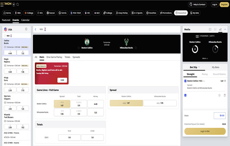 The BetMGM user interface.